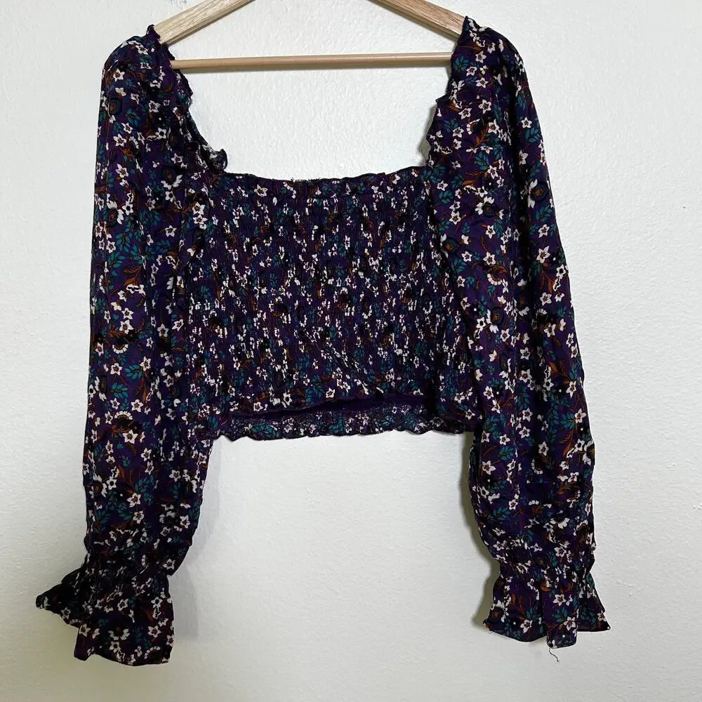 Band of the Free Smocked Floral Crop Top Purple Boho Prairie Festival NWT M
